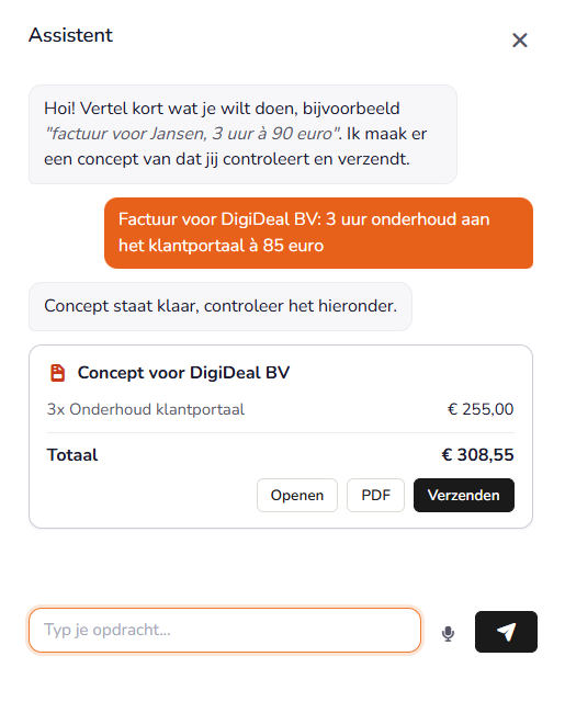 De LazyBill-assistent maakt een concept-factuur uit één getypte zin