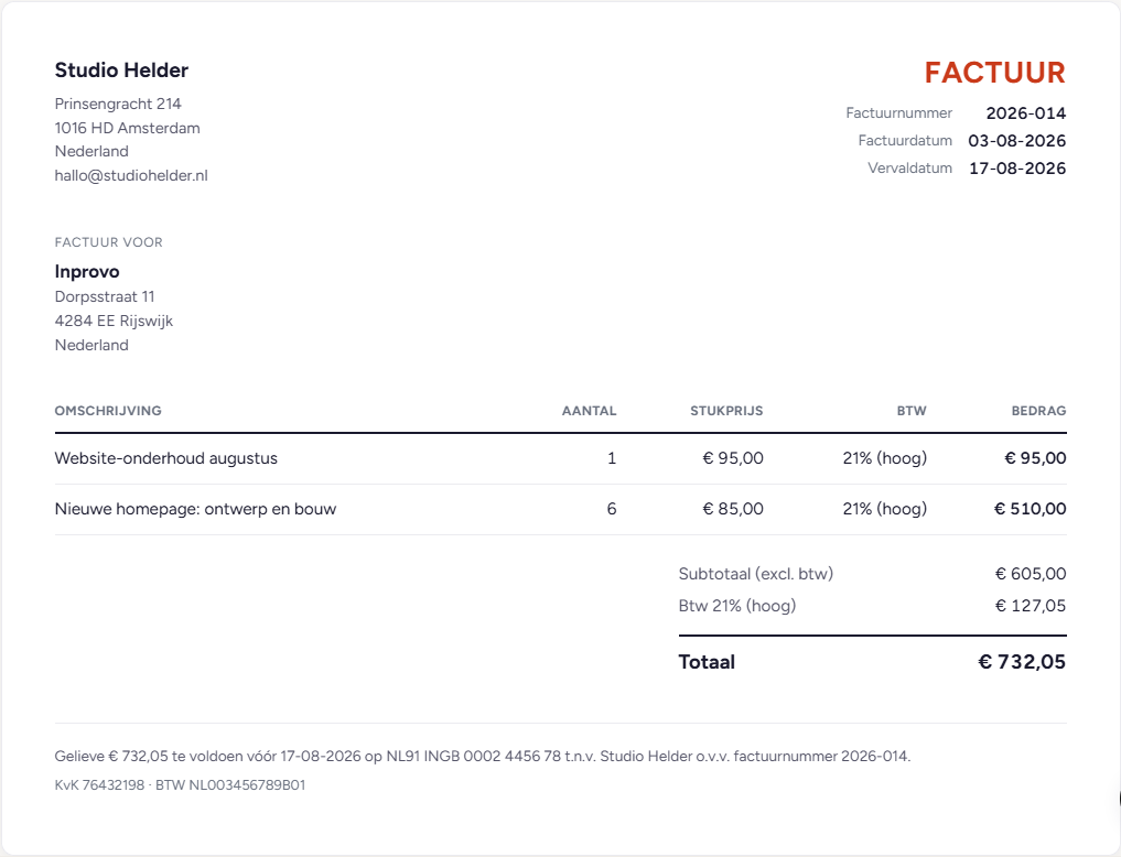 Een verstuurklare factuur in LazyBill, met btw-opbouw en betaalinstructie